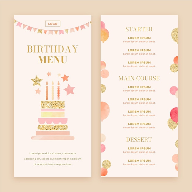 Modello di menu di compleanno dell'acquerello