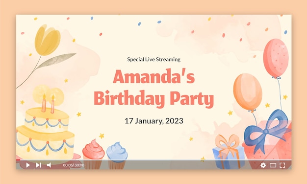 Free Vector watercolor birthday party youtube thumbnail