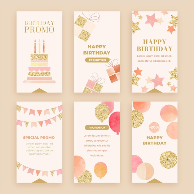 Free vector watercolor birthday social media stories