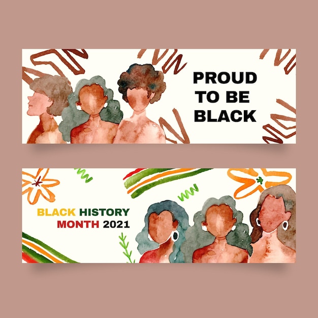 Vettore gratuito set di banner orizzontali del mese di storia nera dell'acquerello