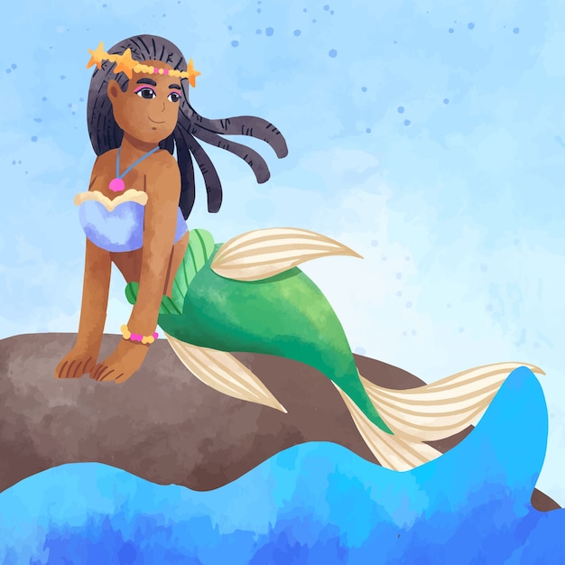 Free vector watercolor black mermaid illustration