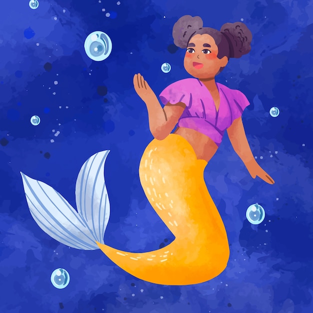 Free vector watercolor black mermaid illustration