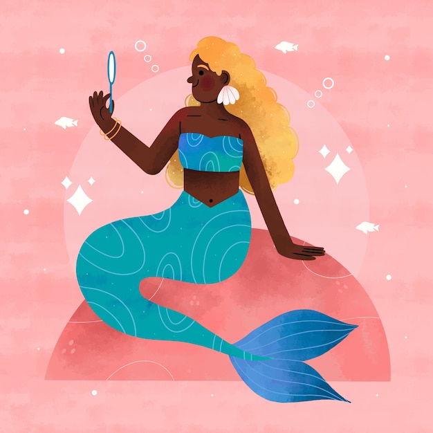 Free vector watercolor black mermaid illustration