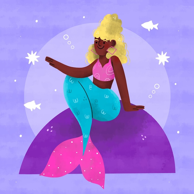 Free vector watercolor black mermaid illustration