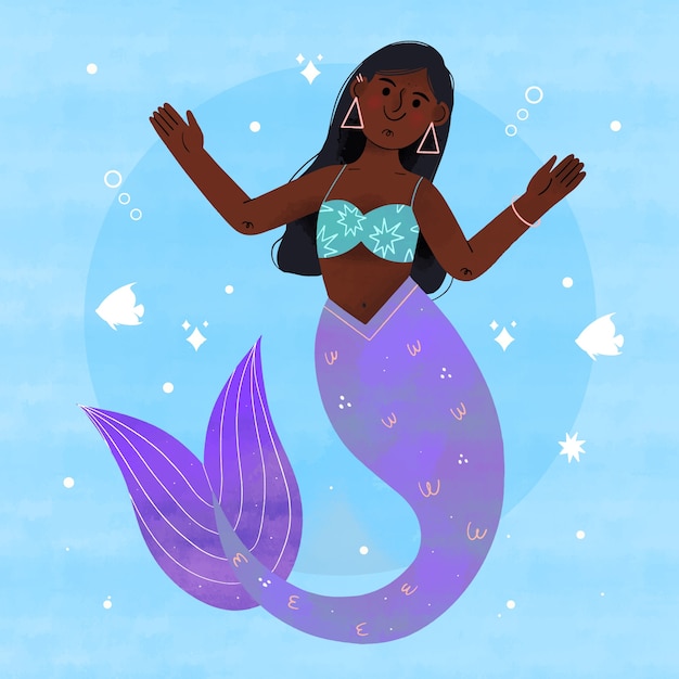 Free vector watercolor  black mermaid illustration