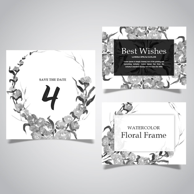 Watercolor black and white floral frame and card collection