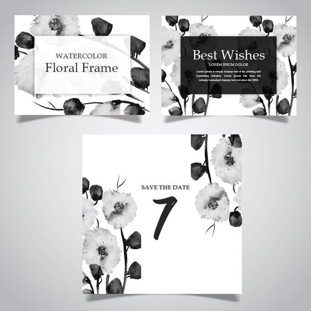 水彩黒と白の花フレームとカードコレクション
