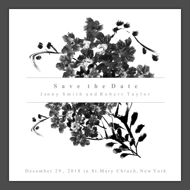 Watercolor Black and White Floral Wedding Invitation Card