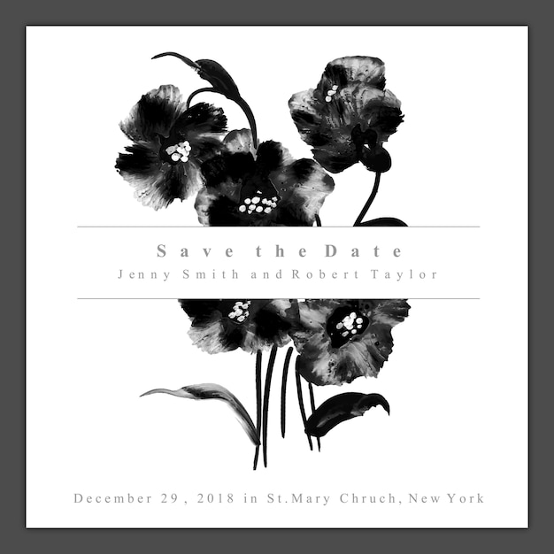 Watercolor black and white floral wedding invitation card