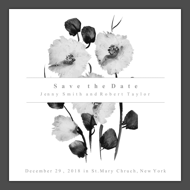 Watercolor black and white floral wedding invitation card