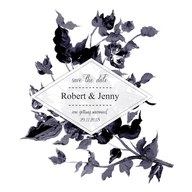 Free vector watercolor black and white floral wedding invitation card