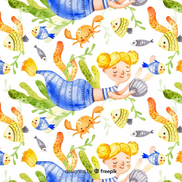 Watercolor blonde smiling mermaid pattern