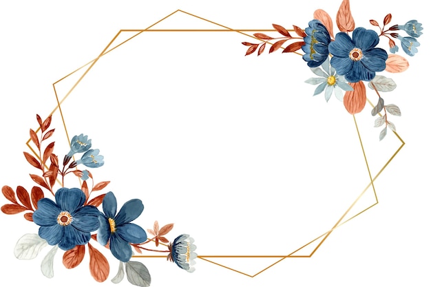 Free vector watercolor blue floral with golden frame