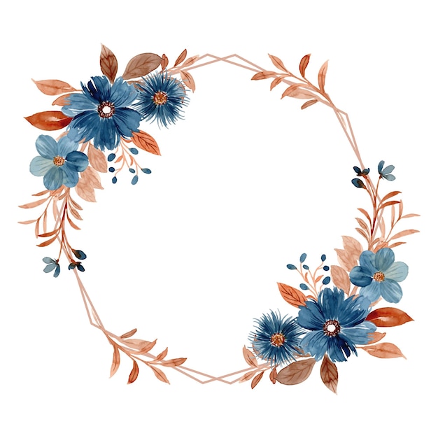 Watercolor blue floral wreath with geometric frame