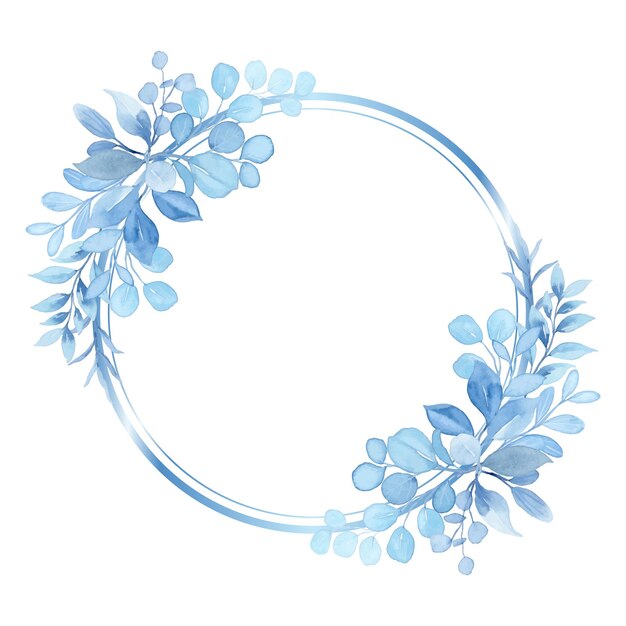 Watercolor blue light leaf wreath with circle