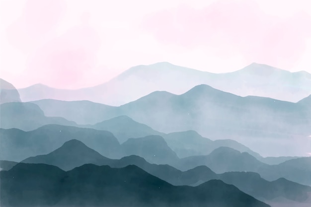 Акварельные голубые горы с розовым небом