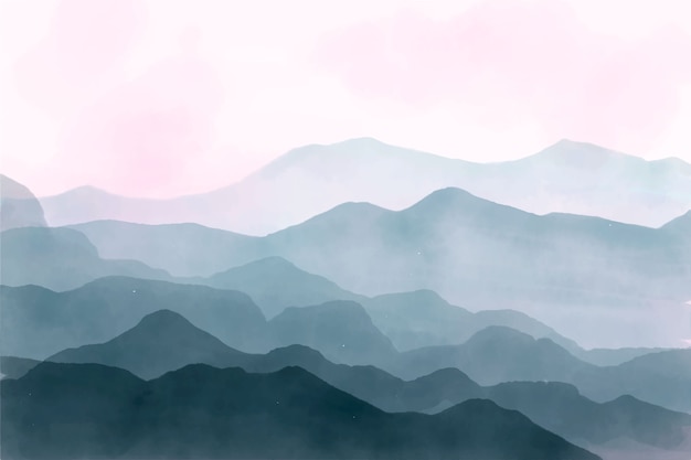 Watercolor blue mountains with pink sky