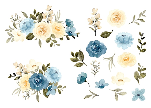 Vettore gratuito elementi floreali gialli blu dell'acquerello e collezione di composizioni