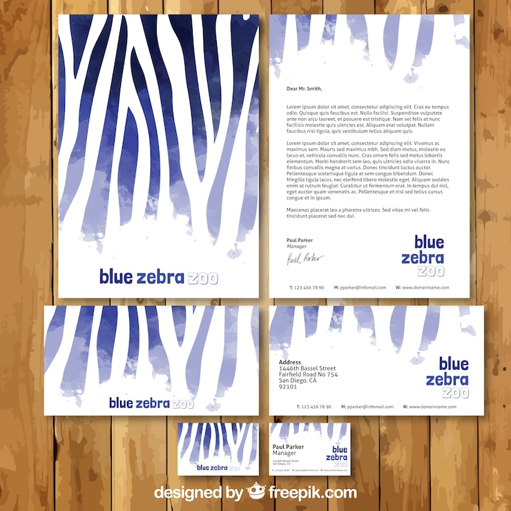 Free Vector watercolor blue zebra stationery