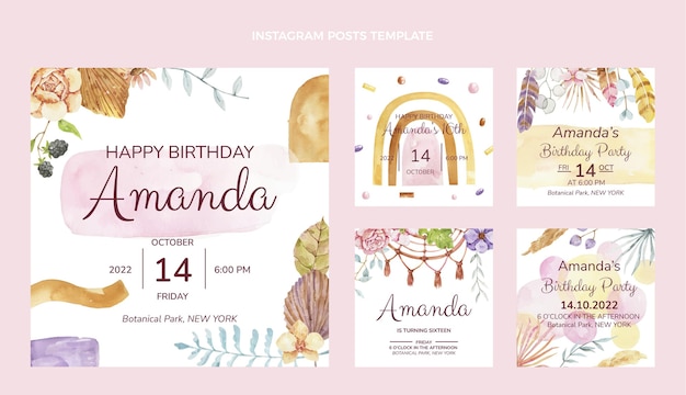 Free vector watercolor boho birthday instagram posts