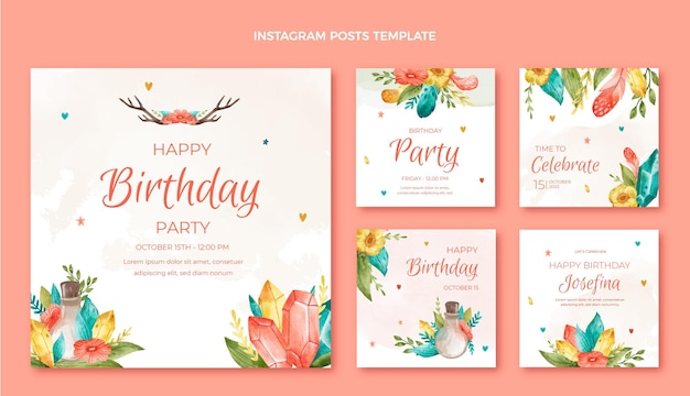 Post di instagram di compleanno boho ad acquerello