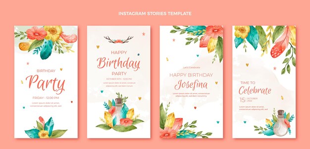 Watercolor boho birthday instagram stories