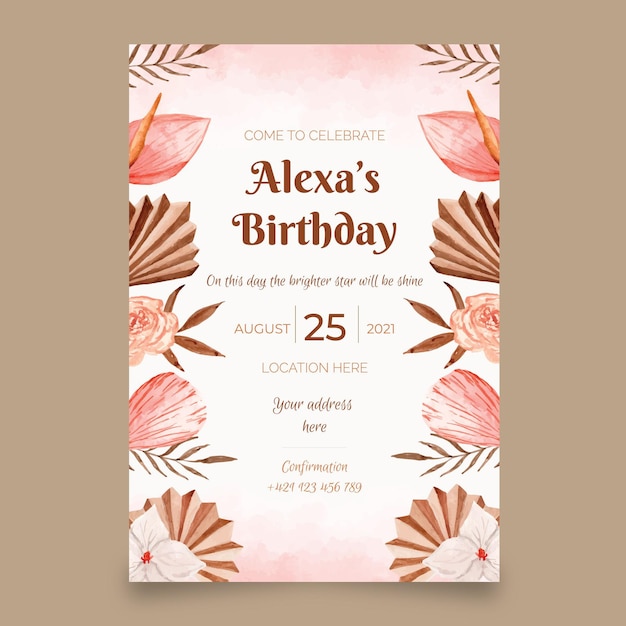 Free vector watercolor boho birthday invitation template