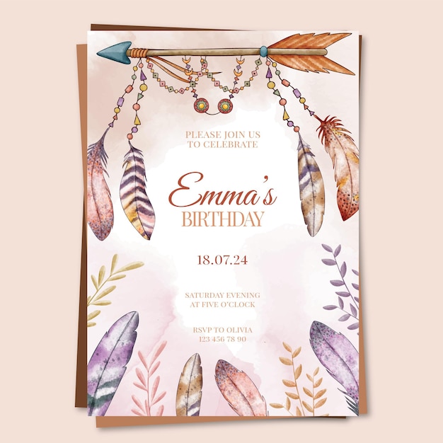 Watercolor boho birthday invitation template