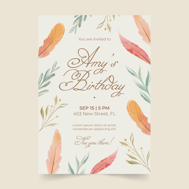 Free vector watercolor boho birthday invitation template