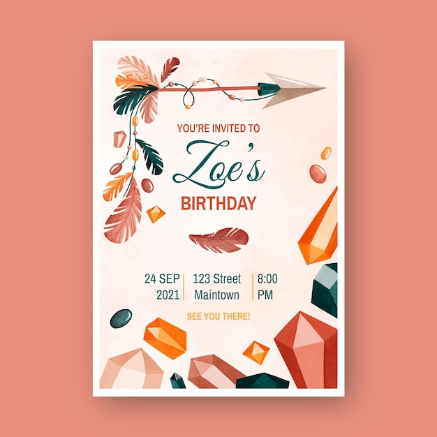 Free vector watercolor boho birthday invitation