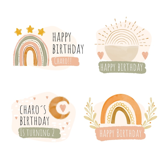 Free vector watercolor boho birthday label and badges