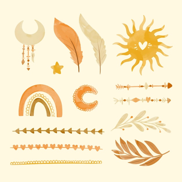 Free vector watercolor boho elements collection