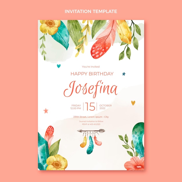 Free vector watercolor boho floral birthday invitation