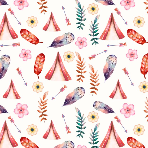 Watercolor boho pattern with leaves