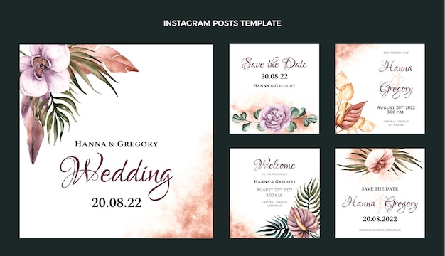 Vettore gratuito post instagram matrimonio boho acquerello