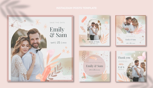 Free vector watercolor boho wedding instagram posts