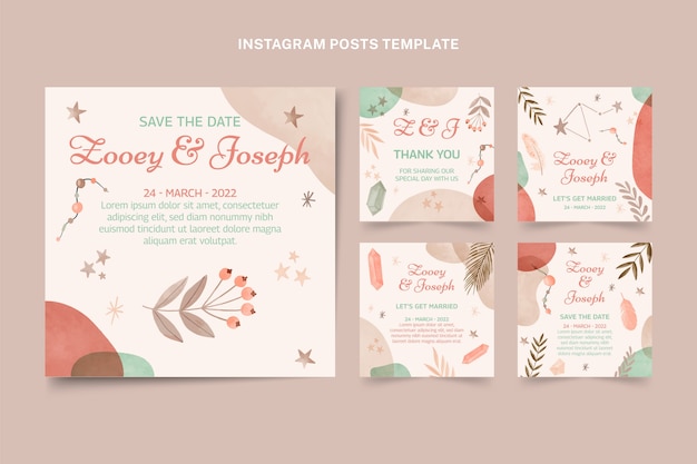 Бесплатное векторное изображение Акварельные бохо свадебные посты в instagram