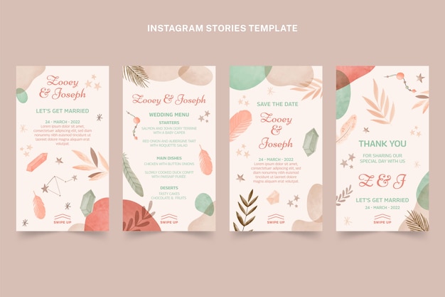 Free vector watercolor boho wedding instagram stories