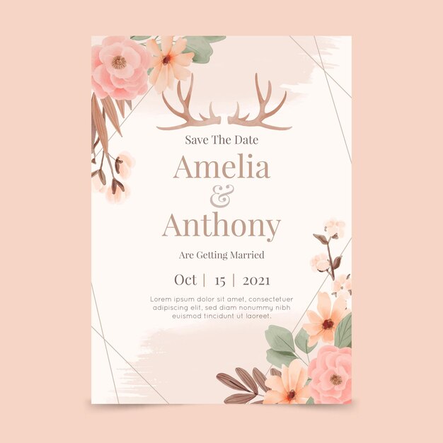 Watercolor boho wedding invitation template