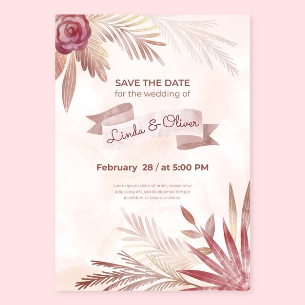 Watercolor boho wedding invitation template