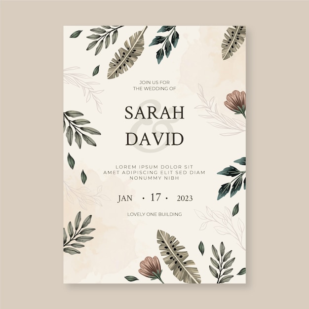 Free vector watercolor boho wedding poster template with leaves