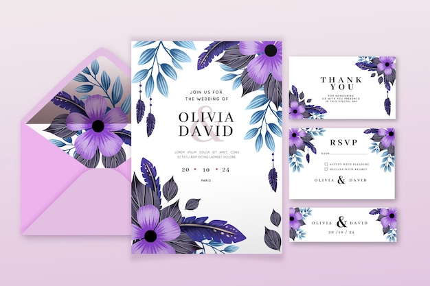 Free vector watercolor boho wedding stationery collection