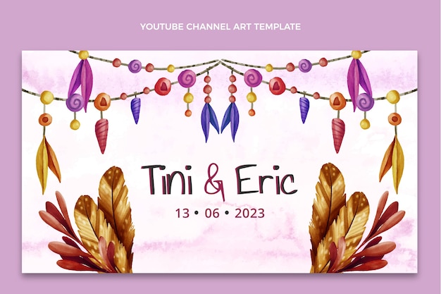 Vettore gratuito canale youtube di matrimonio boho ad acquerello