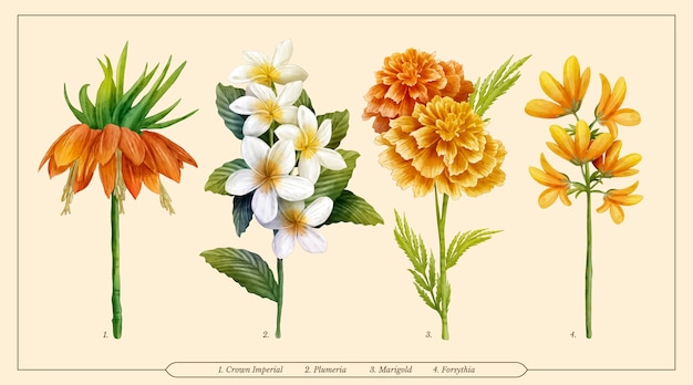 수채화 식물 꽃 차트 세트