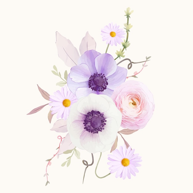 Watercolor bouquet of anemones flower