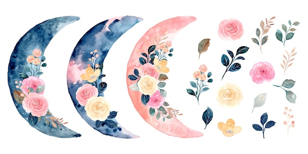 Watercolor bouquet collection of roses and crescent moon