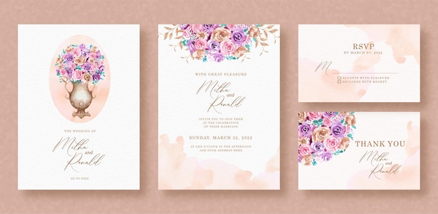 結婚式の招待カードに花の水彩花束