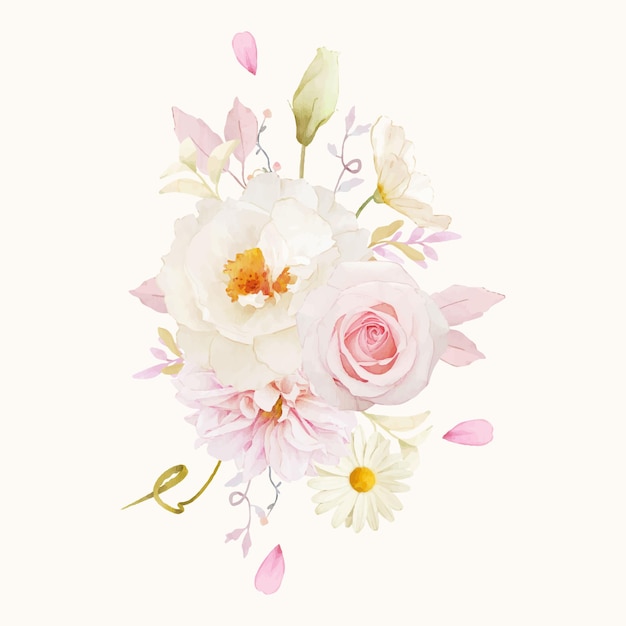 핑크 장미 달리아와 흰 모란의 수채화 꽃다발