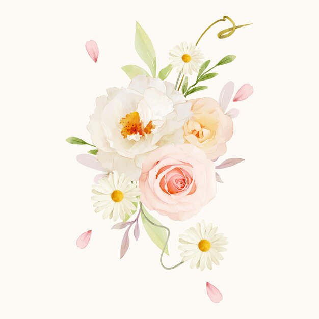 Watercolor bouquet of pink roses and white peony