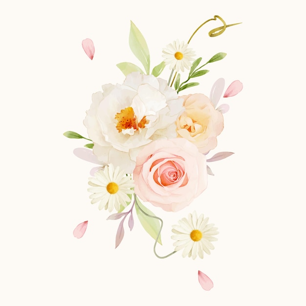 핑크 장미와 흰 모란의 수채화 꽃다발
